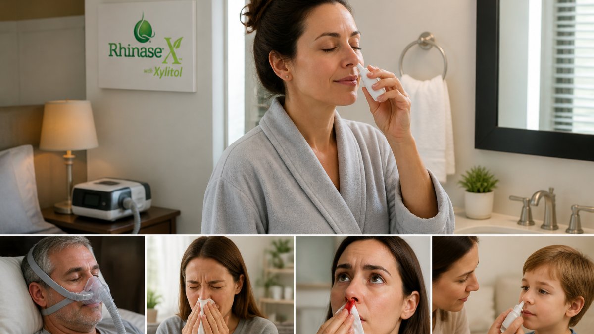 Person using a nasal spray bottle in a bathroom with a CPAP machine on a nearby nightstand