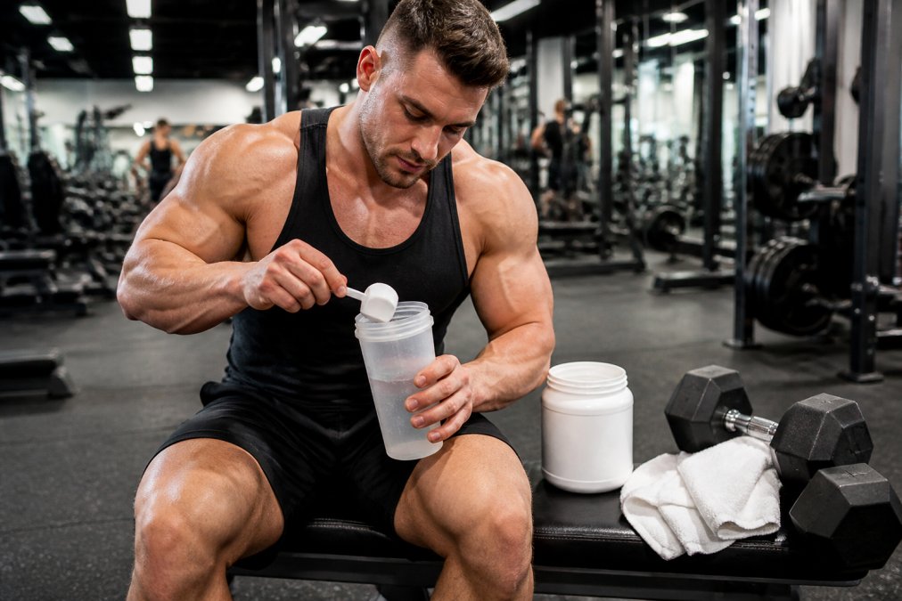A muscular athlete in a gym mixing a scoop of unflavored white glutamine powder into a shaker bottle of water, dumbbells and a towel on the bench nearby, overhead gym lighting