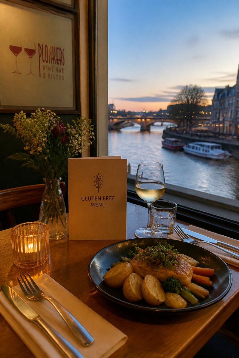 A warmly lit riverside bistro table set for two with a gluten-free menu card and a plate of home-cooked food, overlooking the river in York at dusk