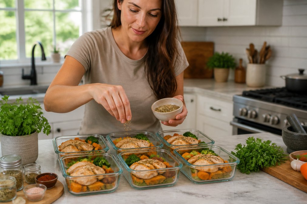 Home cook sprinkling gluten free seasoning onto chicken and vegetables in glass meal prep containers