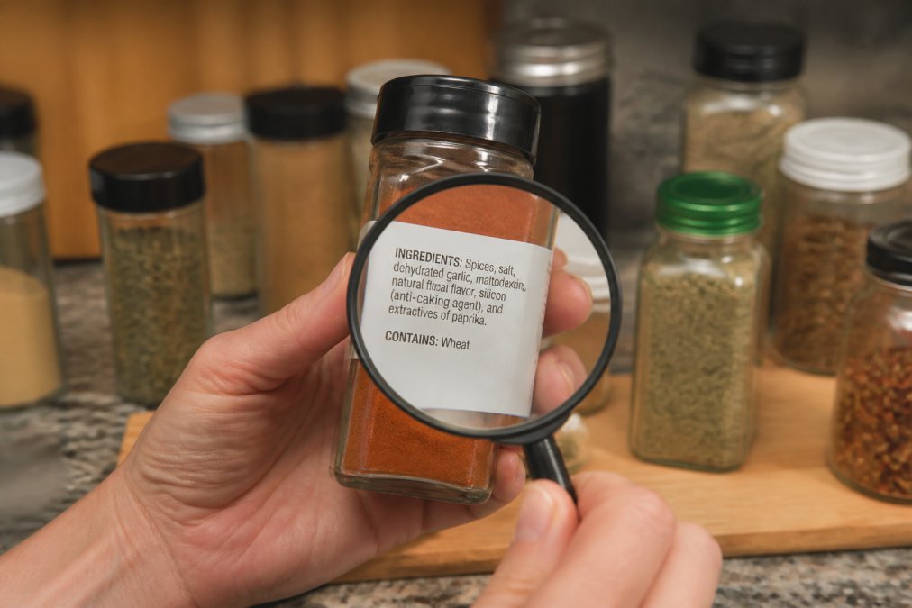 A close-up of hands holding a spice jar with a magnifying glass examining the label, with various spice jars in the background on a kitchen counter