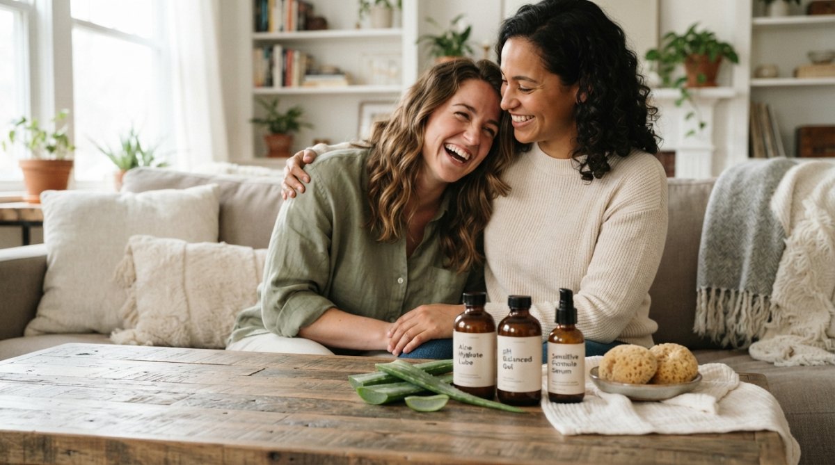 Flat lay of several intimate wellness product bottles on a white marble surface with soft pink and green accents, fresh aloe vera leaves and minimal styling for a clean modern intimate health aesthetic