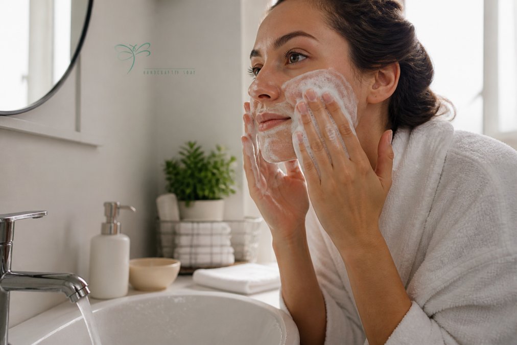Person with sensitive skin gently massaging creamy goat milk soap lather onto their damp face over a sink.