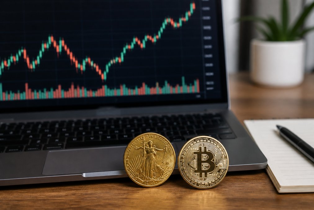 Close-up of a computer screen displaying financial charts with candlestick patterns, a physical gold coin and Bitcoin representation visible on a wooden desk beside a keyboard and notepad