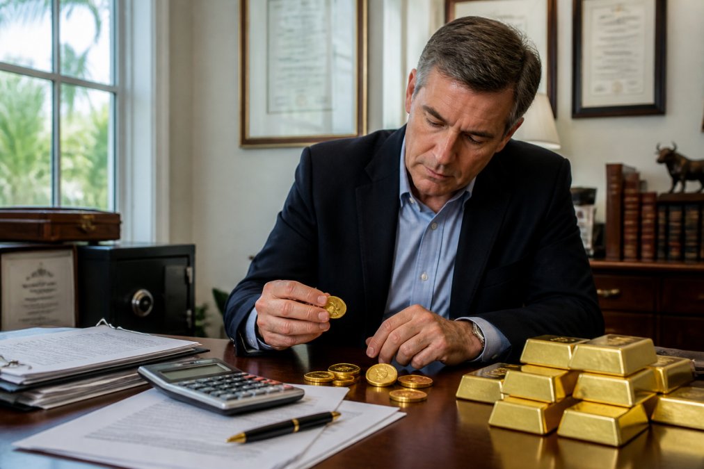 Financial advisor in professional office examining physical gold bars and coins on desk, with tax documents and calculator visible, natural office lighting from window