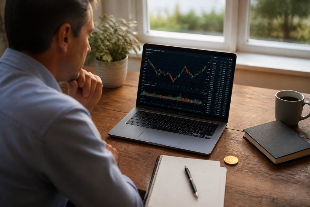 Person seated at a home office desk reviewing investment account information on a laptop screen, with a small gold coin resting on the desk beside a notepad and pen, soft natural window light