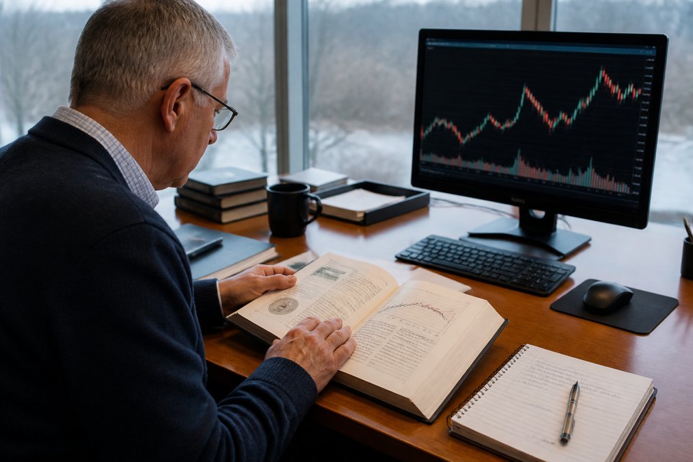 Professional investor reviewing gold market data and historical charts on a computer screen with notebook and reference materials on desk