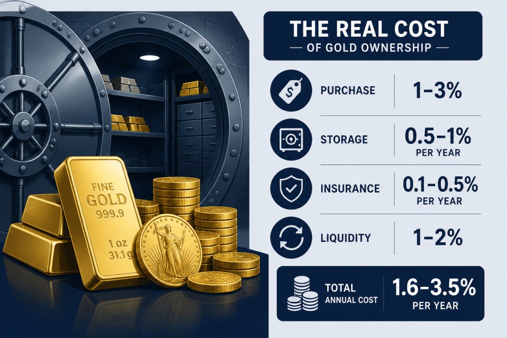 Close-up of physical gold coins and bars stacked in a secure vault setting with soft ambient lighting, showing the tangible nature of precious metal storage