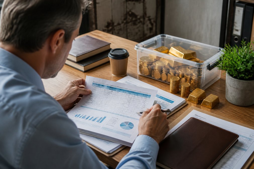 Investor reviewing financial portfolio documents and reports at a wooden desk with gold coins visible in the background, natural office lighting