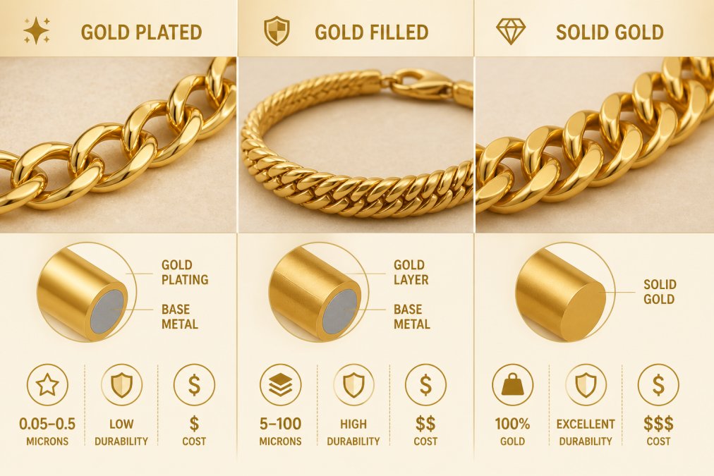 Close-up of three different jewelry pieces displayed side by side on a neutral surface, showing the visual differences between gold plated chains with bright surface finish, gold filled bracelets with deeper luster, and solid gold links with rich, consistent color throughout