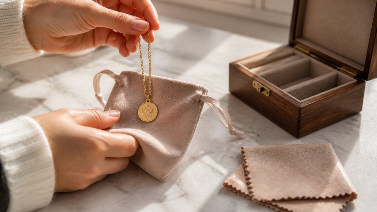 Hands gently placing a personalized gold-plated necklace into a soft velvet jewelry storage pouch in natural window light, with a polishing cloth and small wooden jewelry box visible on a marble surface