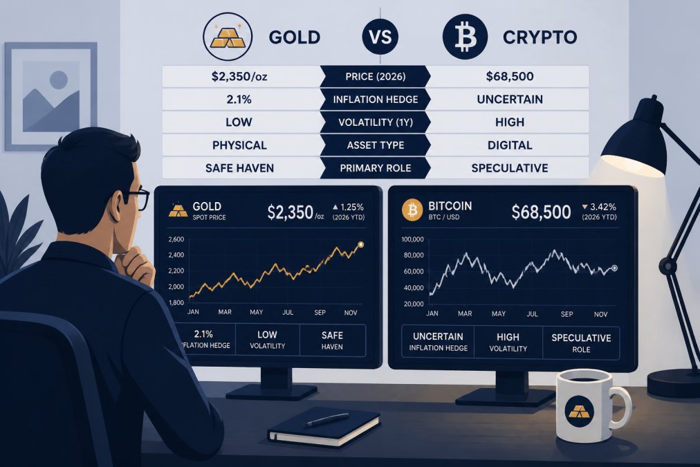 Person sitting at a home desk with two monitors side by side, one displaying a gold spot price chart and the other showing a cryptocurrency trading dashboard, with a ceramic coffee mug nearby and warm desk lamp lighting