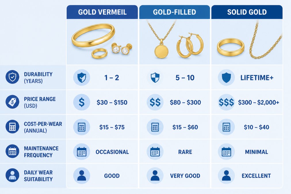 Comparison matrix showing gold vermeil vs gold-filled vs solid gold across durability years, price range, cost-per-wear annual, maintenance frequency, and daily wear suitability