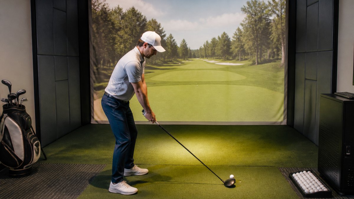 Golfer standing at tee box in modern indoor golf facility with simulator screen visible in background, holding driver in ready position under bright studio lighting