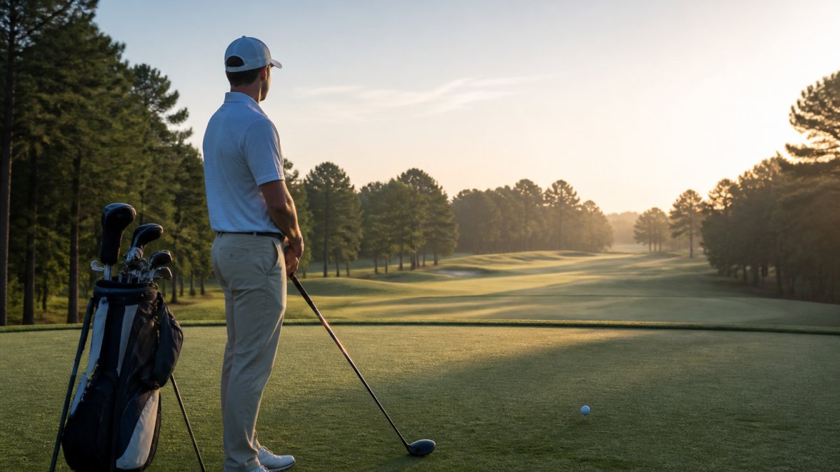 Amateur golfer standing on the tee box at sunrise, looking focused and calm with golf bag nearby, ready to start the round