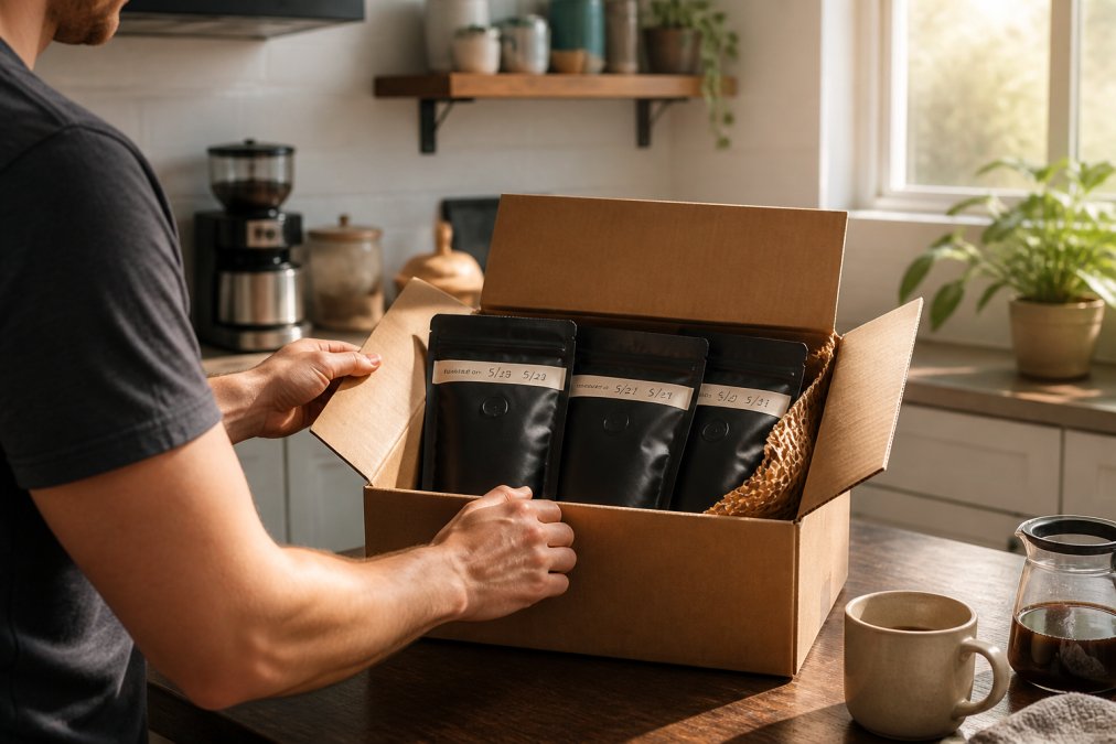 A person opening a cardboard delivery box on a kitchen counter, revealing bags of whole bean coffee with visible roast date labels, morning light through a window