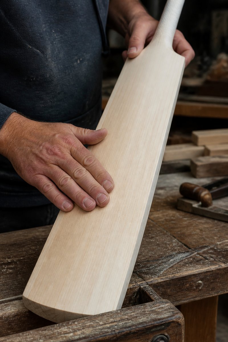 Close-up of a cricket bat maker's hands running along the face of an English willow bat, showing visible grain lines and natural wood colour variation under workshop light