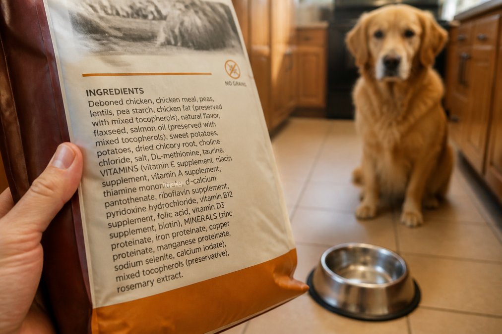 Infographic showing how to read a grain-free dog food label with a patient golden retriever waiting nearby.
