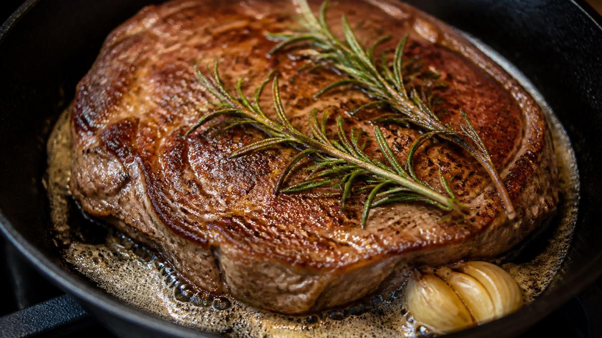 Close-up of a perfectly seared grass-fed steak in a cast-iron skillet with a rich golden crust, fresh rosemary sprigs, and melting butter pooling around the meat under warm kitchen lighting