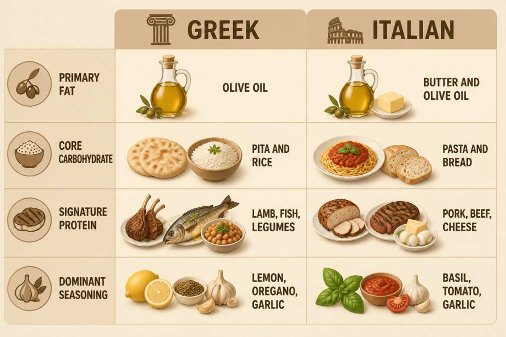 Comparison chart highlighting key differences between Greek food and Italian cuisine across four categories.