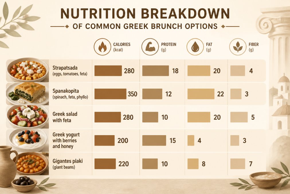 Bar chart comparing calories, protein, and fiber in Greek brunch dishes to see if is greek food healthy for brunch
