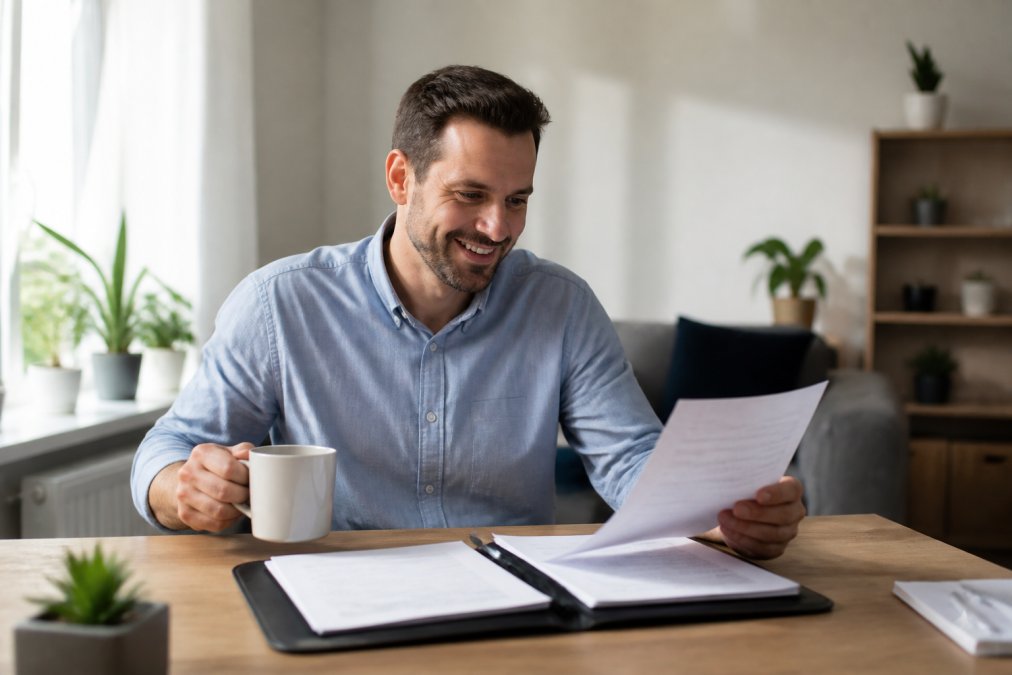 Property owner relaxed at home desk reviewing documents with coffee, smiling at laptop screen, natural morning light from window, papers and property folder visible