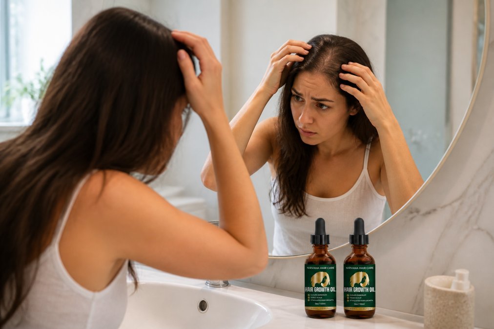 Woman examining her hair in a mirror with visible thinning at the roots, natural bathroom lighting, looking concerned at her reflection