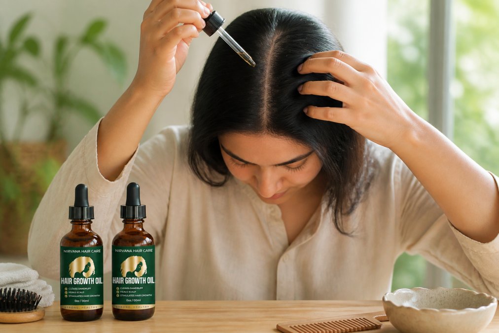 Woman's hands applying hair oil to her scalp with fingertips, demonstrating gentle massage technique on the roots with natural window lighting