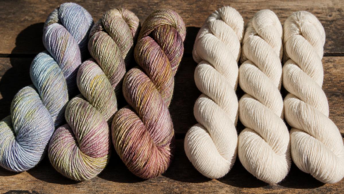 Close-up of multiple hand-dyed yarn skeins arranged to show natural color variation and tonal differences between skeins, with natural lighting highlighting the subtle shifts in hue and saturation within and between individual hanks
