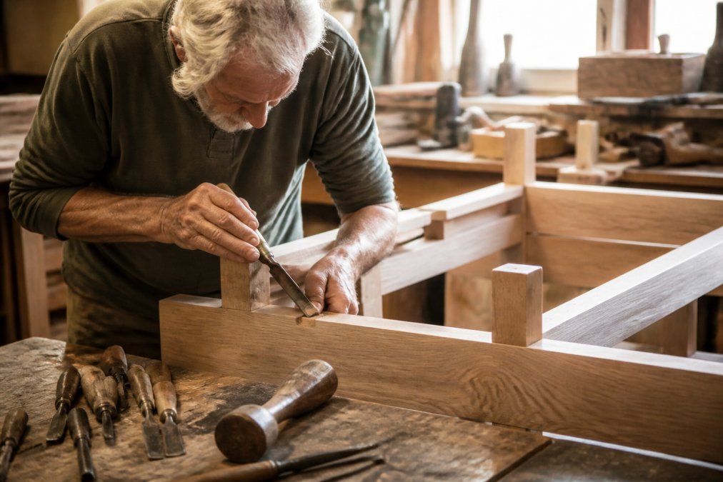 A craftsman's weathered hands shaping a hardwood sofa frame with a chisel in a sunlit workshop, traditional tools scattered across the bench