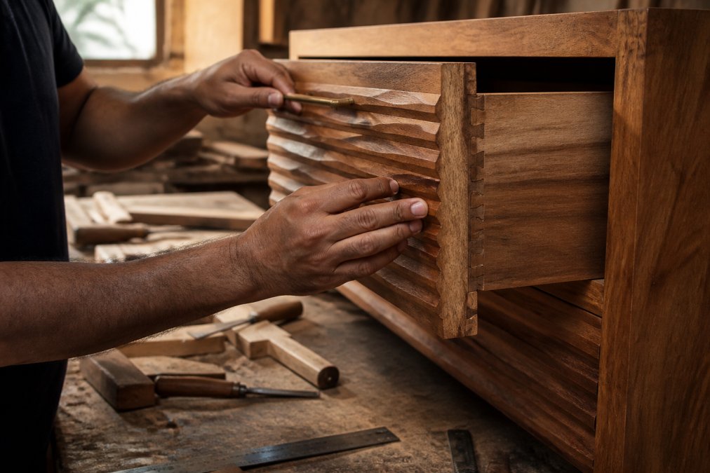Skilled craftsperson's hands carefully inspecting intricate dovetail joinery on a wooden furniture piece, natural workshop lighting highlighting wood grain detail