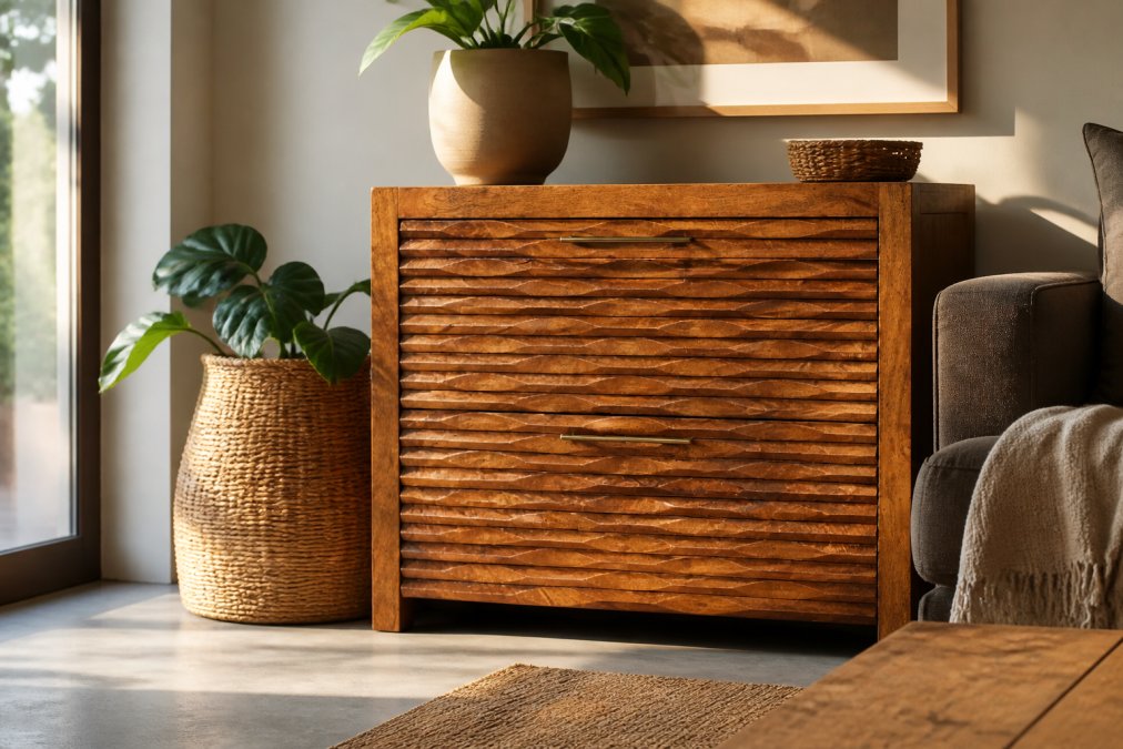 Well-maintained handcrafted wooden chest displaying rich patina and natural aging in bright modern living room with soft natural lighting