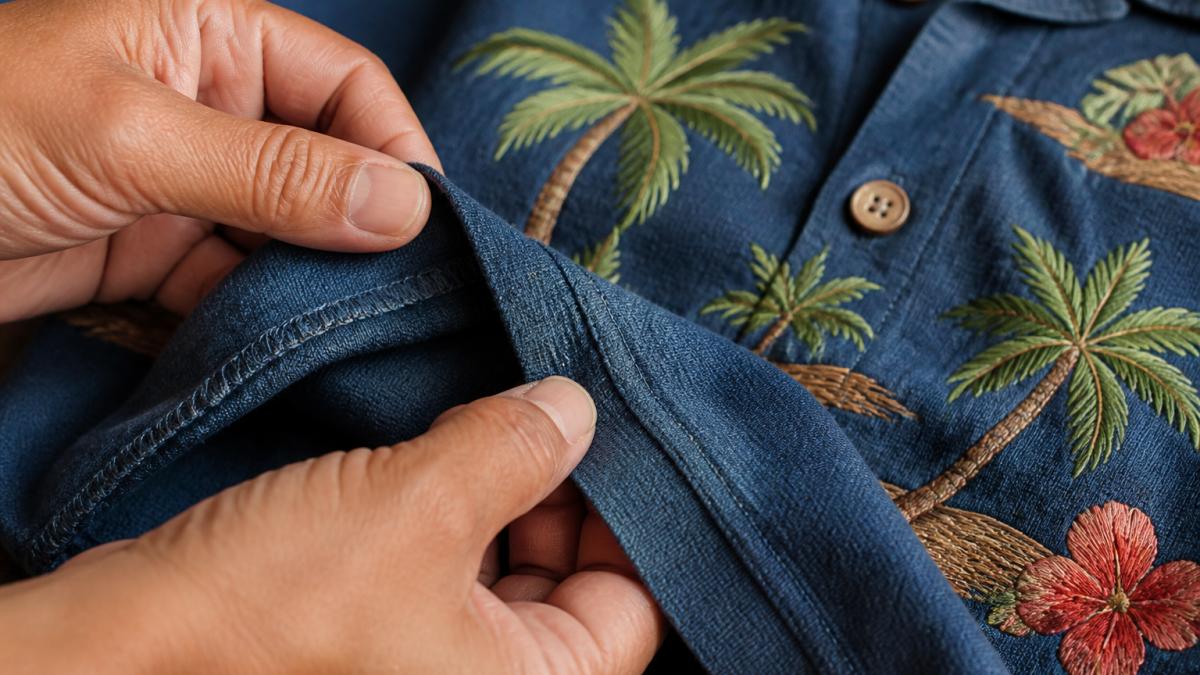 Close-up of hands examining detailed embroidery and stitching on a handcrafted island shirt, showing intricate thread work and reinforced seams under natural light