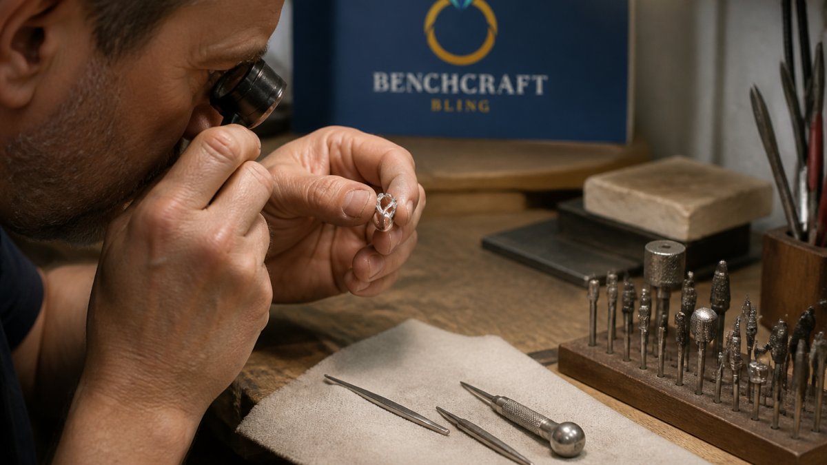 Close-up of a jeweler's hands at a workbench using a loupe to inspect a silver ring setting beside small hand tools and a polishing cloth
