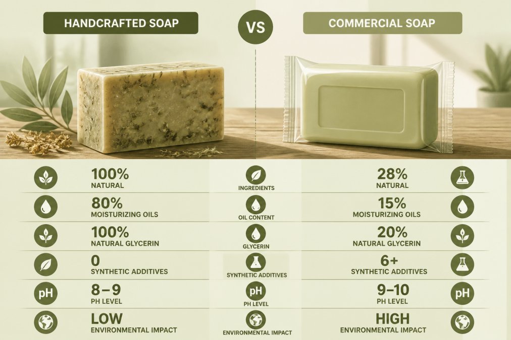 Two bars of soap side by side on a rustic wooden counter: one is a textured, earthy-toned artisanal bar with visible botanical flecks, the other is a bright, machine-stamped commercial bar still wrapped in glossy plastic packaging, warm natural window light casting soft shadows
