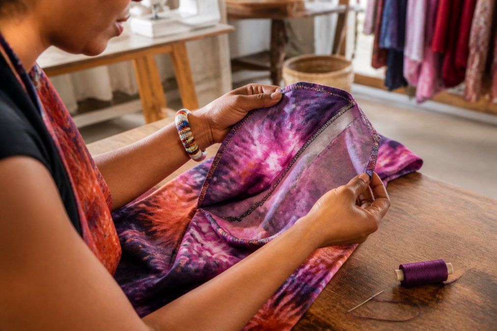 Close-up of a woman's hands examining the interior seam of a vibrant, hand-dyed dress, with a needle and thread visible on a wooden table nearby, in a bright, artisan studio setting