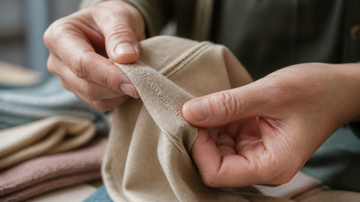 Close-up of hands examining fabric texture and stitching details on a handmade garment, showing seam quality and material inspection
