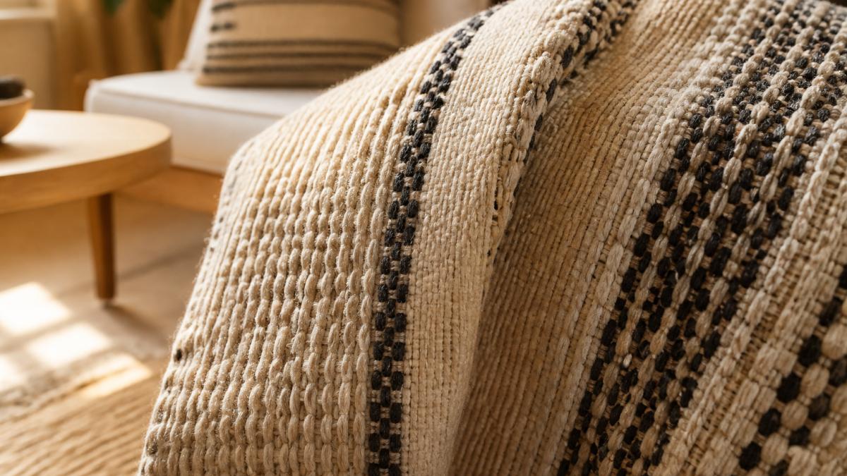 Close-up of handcrafted textile showing intricate weaving patterns, natural fiber texture, and artisan stitching detail displayed in a warm, styled home interior setting