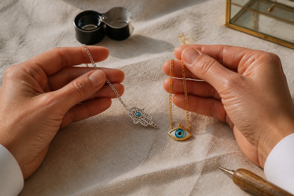Hands examining a delicate handmade mediterranean jewelry hamsa bracelet and gold evil eye necklace