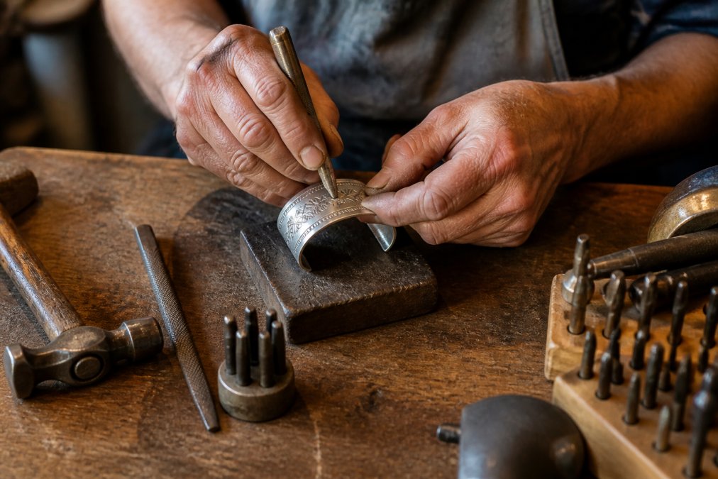 Close-up of a silversmith's weathered hands stamping a design into a silver cuff bracelet on a wooden workbench, tools scattered around, warm workshop lighting