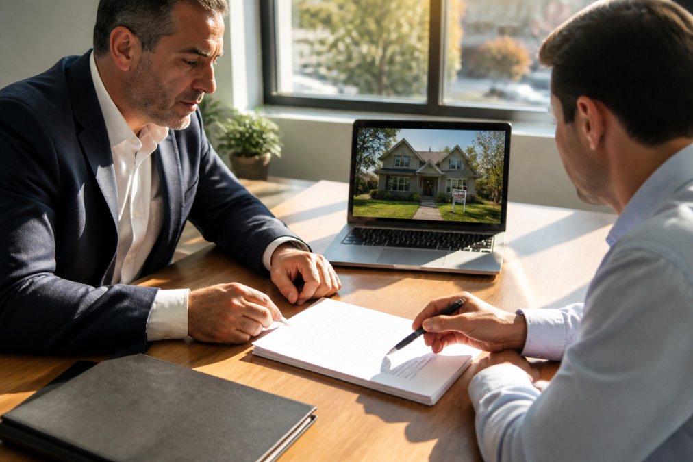 A real estate investor and a private lender reviewing closing documents at a desk, with a laptop showing a property listing and a pen resting on a signed contract, warm afternoon light through office windows