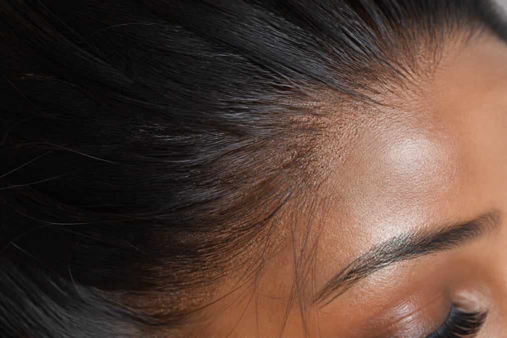 Close-up of an HD lace wig hairline against skin, showing transparent lace base with fine, undetectable knots creating a seamless natural scalp appearance
