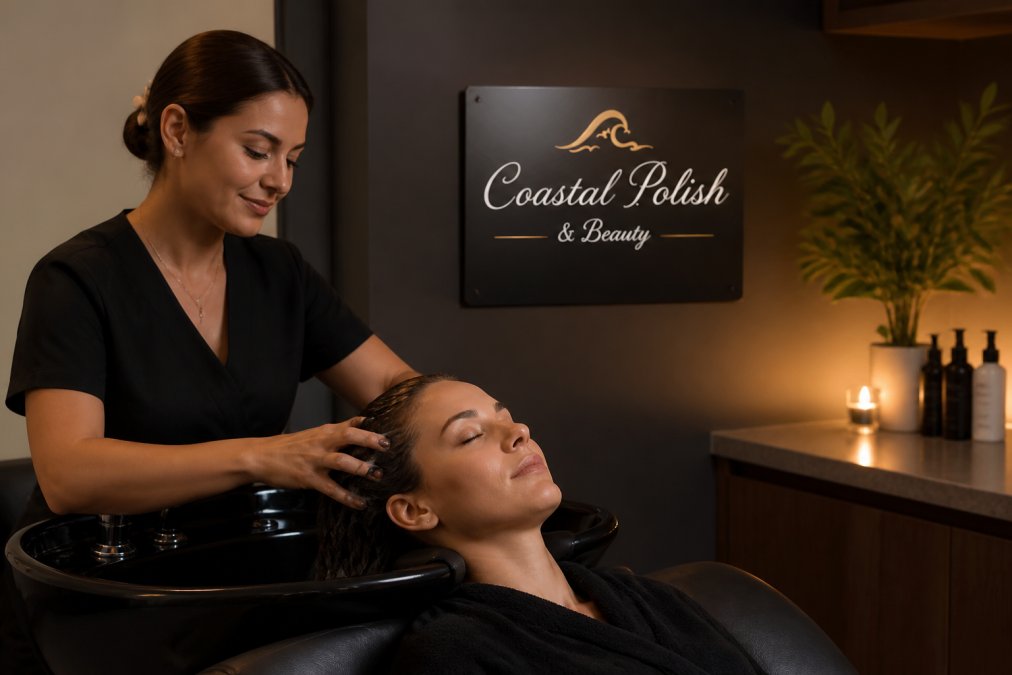 Professional technician performing scalp massage on a relaxed client reclining in a comfortable treatment chair in a serene spa room with soft lighting and calming décor