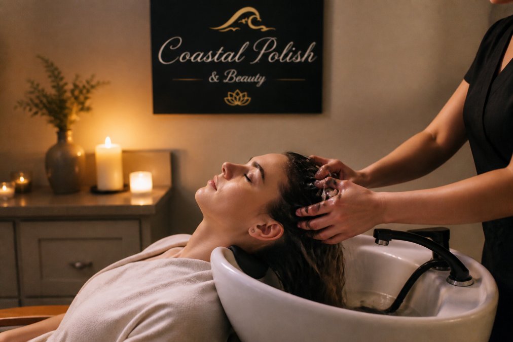 Relaxed client with peaceful expression lying back during head spa treatment in tranquil wellness room with soft ambient lighting and calming atmosphere