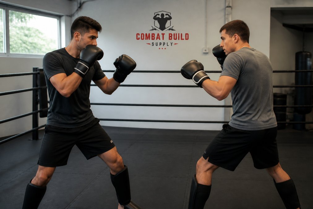 Two boxers demonstrating controlled Tier 1 light sparring with minimal contact force, showing proper distance and head position