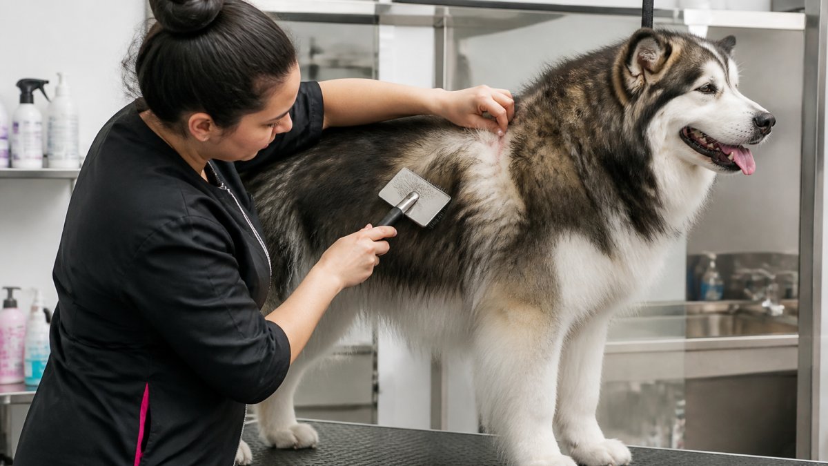 Step-by-step guide on large dog grooming, showing a groomer inspecting the skin and coat of a double-coated breed.