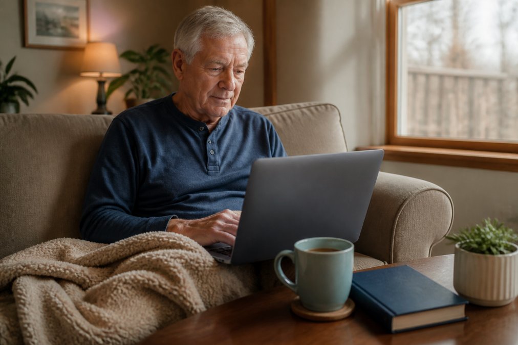 A heart surgery survivor sitting comfortably in a quiet living room, using a laptop to join a private online support group, with a warm cup of tea and a soft blanket nearby