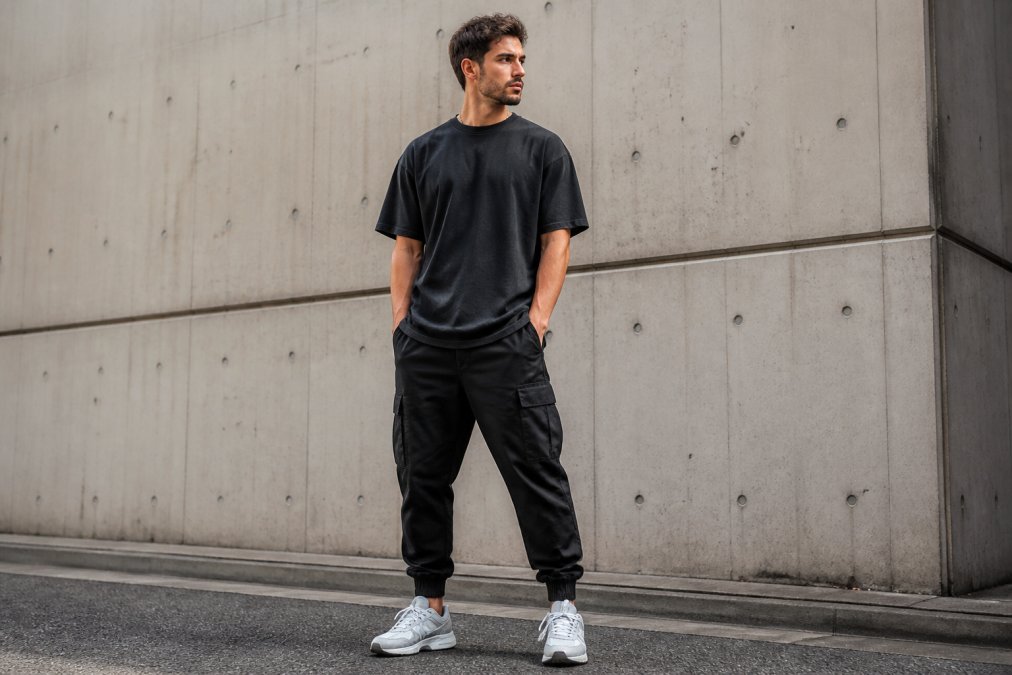 Man in his late 20s wearing black heavy cotton cargo joggers and an oversized tee in an urban setting.