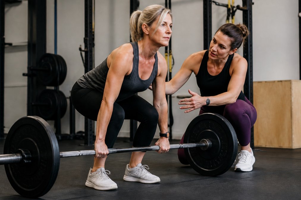 A woman in her 40s performing a barbell deadlift with a trainer beside her offering form guidance in a well-lit gym