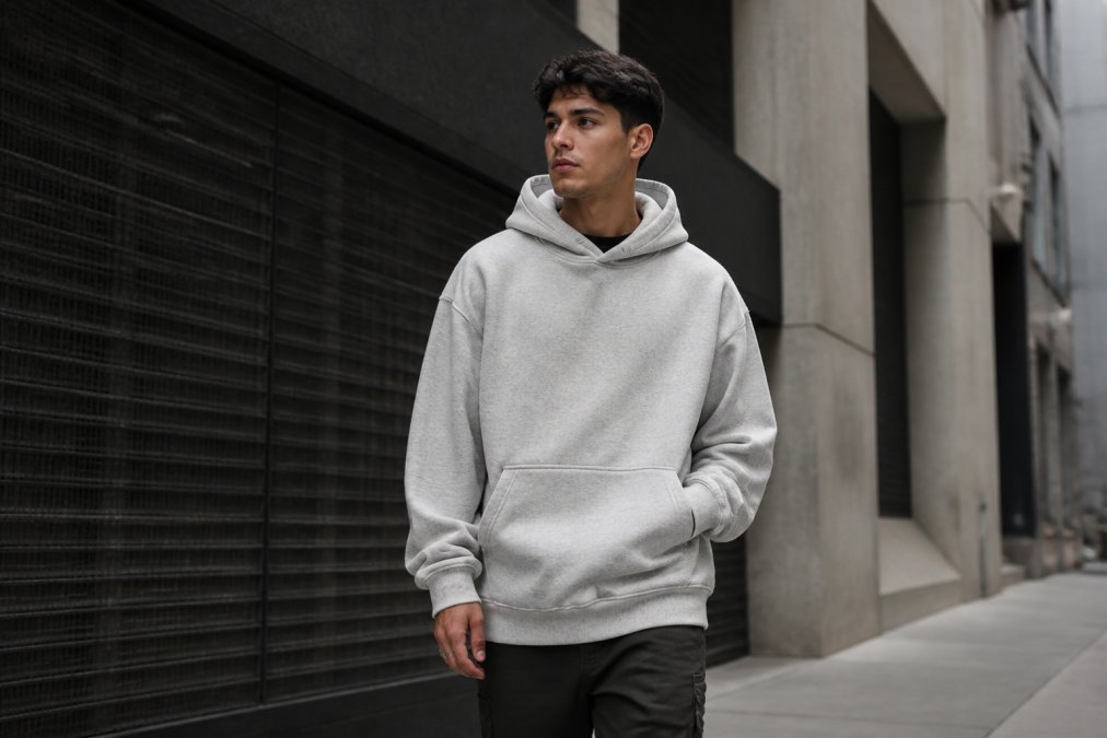Person wearing an oversized heavyweight hoodie with dropped shoulders in a relaxed streetwear setting, showing fit and silhouette retention
